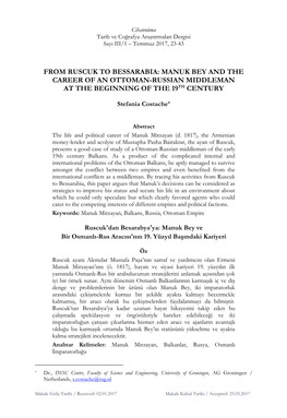 From Ruscuk to Bessarabia: Manuk Bey and the Career of an Ottoman-Russian Middleman at the Beginning of the 19Th Century