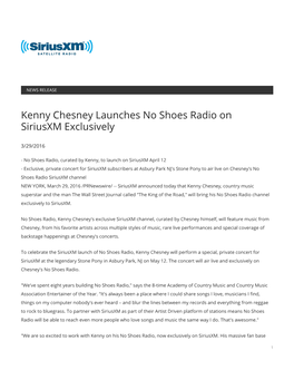 Kenny Chesney Launches No Shoes Radio on Siriusxm Exclusively