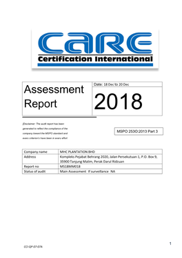 Assessment Report with Assessment Date on 13Th – 17Th November 2018