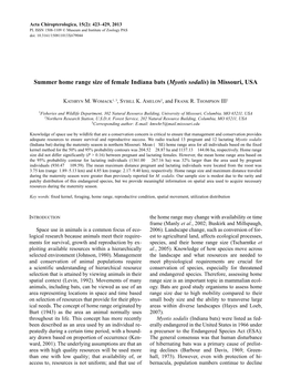 Summer Home Range Size of Female Indiana Bats (Myotis Sodalis) in Missouri, USA