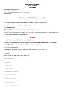 Answered On:06.08.2001 Complaints Against Airlines and Flying Clubs Ashok Argal