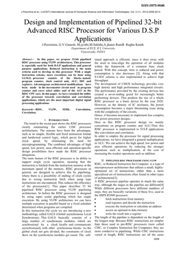 Design and Implementation of Pipelined 32-Bit Advanced RISC Processor for Various D.S.P Applications J.Poornima, G.V.Ganesh, M.Jyothi,M.Sahithi,A.Jhansi Ranib