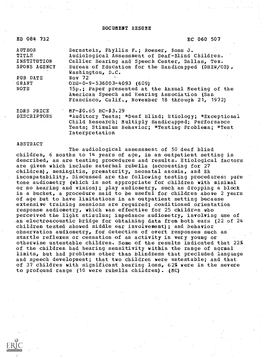 Audiological Assessment of Deaf-Blind Children. INSTITUTION Callier Hearing and Speech Center, Dallas, Tex