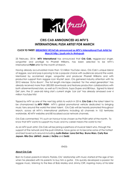 Cris Cab Announced As Mtv's International Push Artist