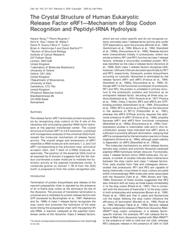 The Crystal Structure of Human Eukaryotic Release Factor Erf1—Mechanism of Stop Codon Recognition and Peptidyl-Trna Hydrolysis