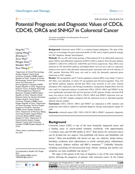 Potential Prognostic and Diagnostic Values of CDC6, CDC45, ORC6 and SNHG7 in Colorectal Cancer