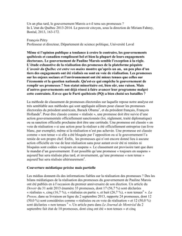 Un an Plus Tard, Le Gouvernement Marois A-T-Il Tenu Ses Promesses ? in L’État Du Québec 2013-2014