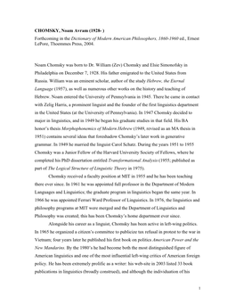 CHOMSKY, Noam Avram (1928- ) Forthcoming in the Dictionary of Modern American Philosophers, 1860-1960 Ed., Ernest Lepore, Thoemmes Press, 2004