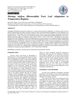 Moringa Oleifera (Horseradish Tree) Leaf Adaptation to Temperature Regimes