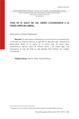 Del Orden Conservador a La Tardía Apertura Liberal. María Ignacia Orozco Valenzuela Pp