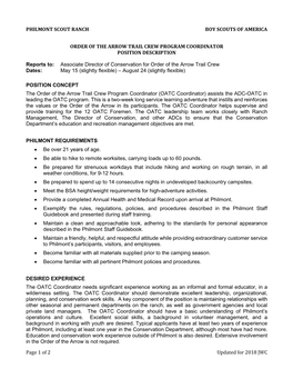 Page 1 of 2 Updated for 2018 JWC PHILMONT SCOUT RANCH BOY SCOUTS of AMERICA ORDER of the ARROW TRAIL CREW PROGRAM COORDINATOR PO