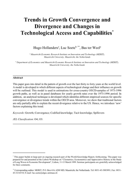 Trends in Growth Convergence and Divergence and Changes in Technological Access and Capabilities*