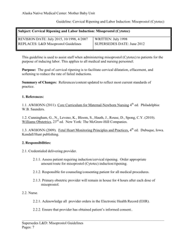 Mother Baby Unit Guideline: Cervical Ripening and Labor Induction: Misoprostol (Cytotec)