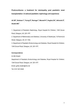 1 Fludrocortisone- a Treatment for Tubulopathy Post Paediatric Renal Transplantation: a National Paediatric Nephrology Unit Experience