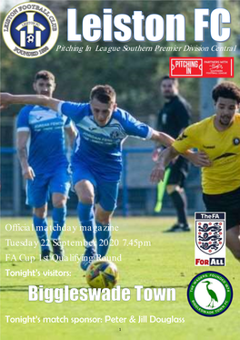 Official Matchday Magazine Tuesday 22 September 2020 7.45Pm FA Cup 1 St Qualifying Round Tonight’S Visitors