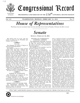 Congressional Record United States Th of America PROCEEDINGS and DEBATES of the 114 CONGRESS, SECOND SESSION