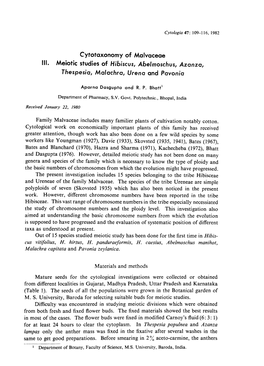 Cytotaxonomy of Malvaceae III. Meiotic Studies of Hibiscus, Abelmoschus , Azanza, Thespesia, Malachra, Urena and Pavonia