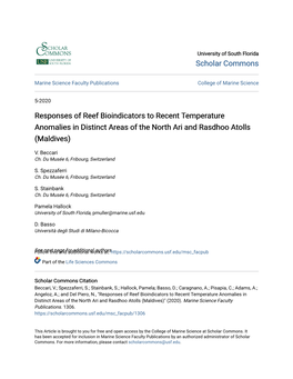 Responses of Reef Bioindicators to Recent Temperature Anomalies in Distinct Areas of the North Ari and Rasdhoo Atolls (Maldives)