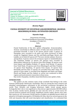 Araneomorphae: Araneae: Arachnida) in India: an Updated Checklist