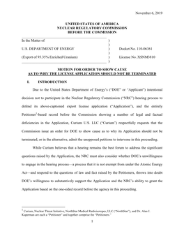 Curium U.S. LLC Motion for Order to Show Cause As to Why the License Application Should Not Be Terminated