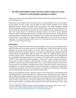 Can Microsoft Academic Assess the Early Citation Impact of In-Press Articles? a Multi-Discipline Exploratory Analysis1