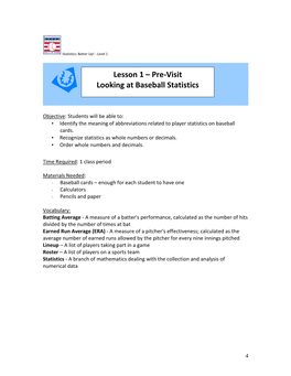 Lesson 1 – Pre-Visit Looking at Baseball Statistics