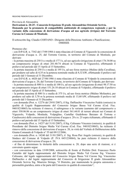 Provincia Di Alessandria Derivazioni N. 20-25 - Consorzio Irrigazione II Grado Alessandrino Orientale Scrivia