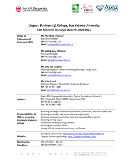 Lingnan (University) College, Sun Yat-Sen University Fact Sheet for Exchange Students 2020-2021