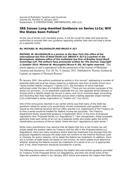 IRS Issues Long-Awaited Guidance on Series Llcs; Will the States Soon Follow?
