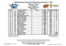 FIM Speedway Grand Prix World Championship™. 2019 Warsaw, Poland 18Th May 2019 FINAL RESULTS IMN No