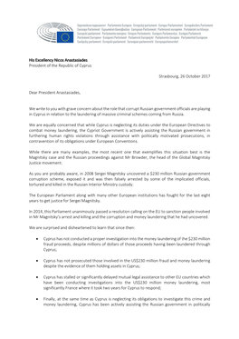 Joint Letter to President Anastasiades of Cyprus Concerning Laundering of Massive Criminal Schemes by Corrupt Russian