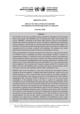 BRIEFING NOTE IMPACT of the COVID-19 PANDEMIC on PERSONS with DISABILITIES in UKRAINE 5 October 20201