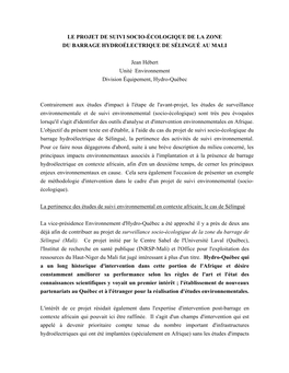 LE PROJET DE SUIVI SOCIO-ÉCOLOGIQUE DE LA ZONE DU BARRAGE HYDROÉLECTRIQUE DE SÉLINGUÉ AU MALI Jean Hébert Unité Environn