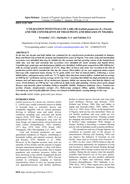 (Lablab Purpureus (L.) Sweet) and the CONSTRAINTS of FIELD PESTS and DISEASES in NIGERIA