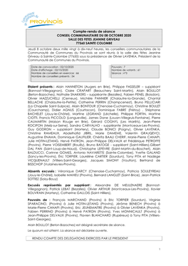 Compte-Rendu De Séance CONSEIL COMMUNAUTAIRE DU 08 OCTOBRE 2020 SALLE DES FETES JEANINE GRIVEAU 77560 SAINTE COLOMBE