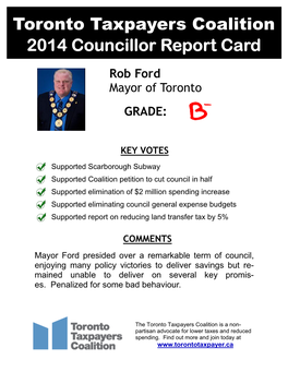 Toronto Taxpayers Coalition 2014 Councillor Report Card