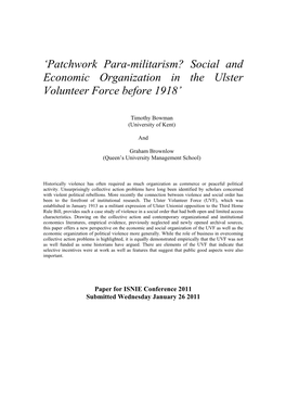 Patchwork Para-Militarism? Social and Economic Organization in the Ulster Volunteer Force Before 1918’