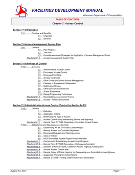 FACILITIES DEVELOPMENT MANUAL Wisconsin Department of Transportation TABLE of CONTENTS Chapter 7: Access Control