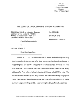 THE COURT of APPEALS for the STATE of WASHINGTON DELAURA NORG, As Litigation Guardian Ad Litem for Her Husband, FRED B. NORG, An