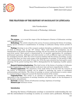 The Features of the History of Sociology in Lithuania