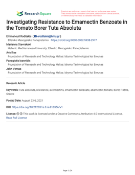 Investigating Resistance to Emamectin Benzoate in the Tomato Borer Tuta Absoluta