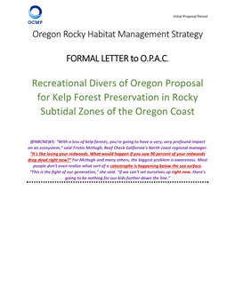 Recreational Divers of Oregon Proposal for Kelp Forest Preservation in Rocky Subtidal Zones of the Oregon Coast
