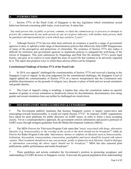 A. INTRODUCTION 1 Section 377A of the Penal Code of Singapore Is the Key Legislation Which Criminalises Sexual Behaviour Between