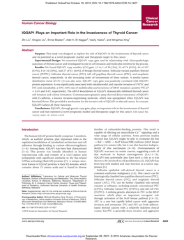 IQGAP1 Plays an Important Role in the Invasiveness of Thyroid Cancer