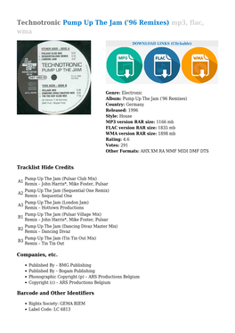 Technotronic Pump up the Jam ('96 Remixes) Mp3, Flac, Wma
