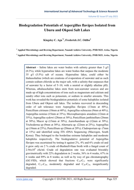 Biodegradation Potentials of Aspergillus Flavipes Isolated from Uburu and Okposi Salt Lakes