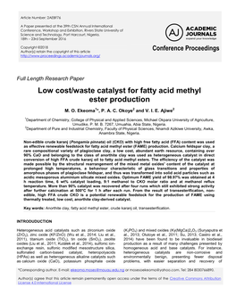 Low Cost/Waste Catalyst for Fatty Acid Methyl Ester Production