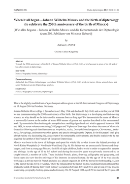 Johann Wilhelm Meigen and the Birth of Dipterology (To Celebrate the 250Th Anniversary of the Birth of Meigen)