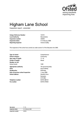 Higham Lane School Inspection Report - Amended