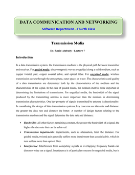 DATA COMMUNICATION and NETWORKING Software Department – Fourth Class